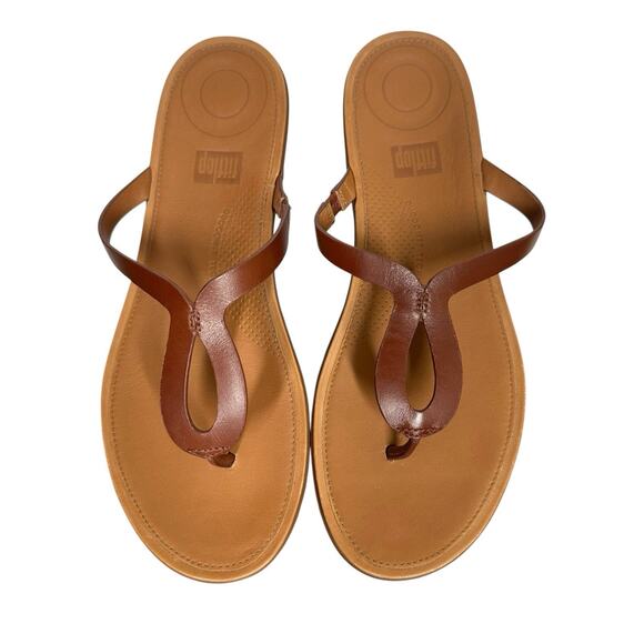 FitFlop Strata Brown Leather Toe Thong Comfort Sandals Thin Strap Low Wedge 10 - Picture 1 of 12